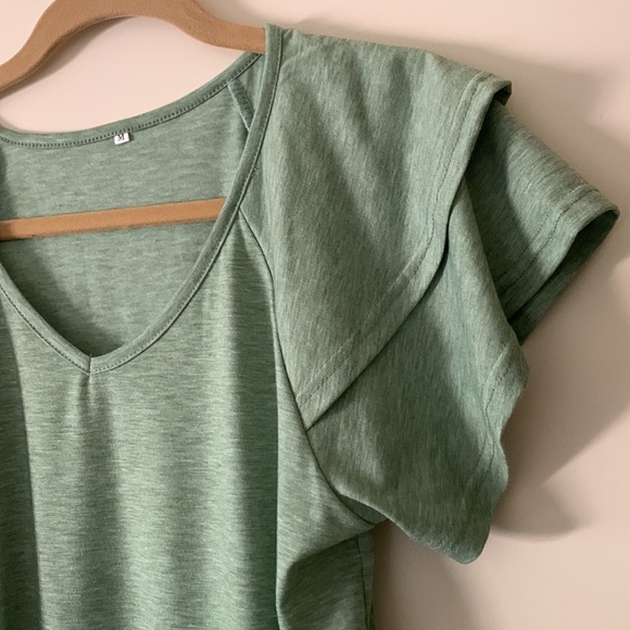 Hello PinkV-Neck Shoulder Detail Raglan Sleeve. Sage Green, easy flow shirt - Picture 3 of 6